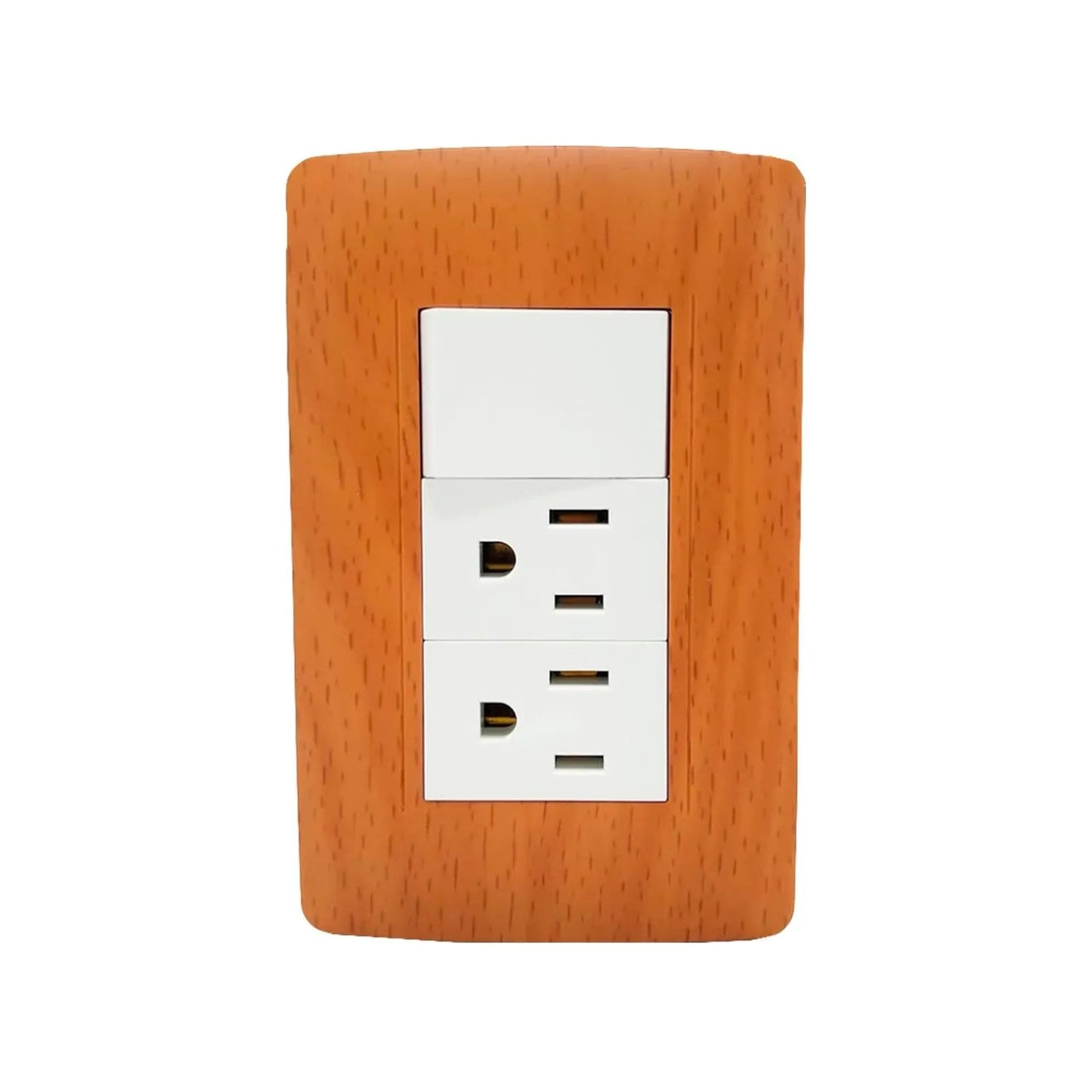 Placa eléctrica de pared madera toscana con 1 apagador y 2 contactos polarizados