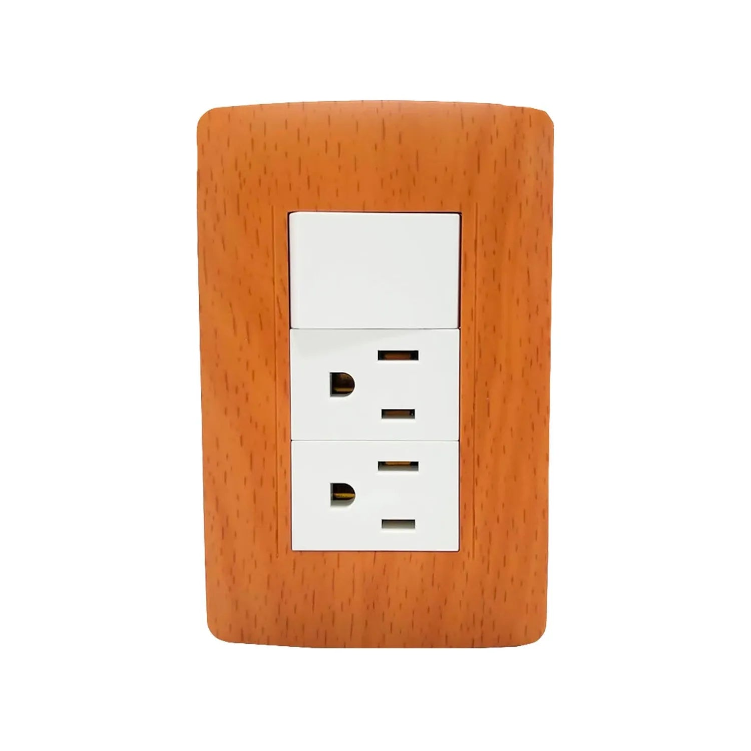 Placa eléctrica de pared madera toscana con 1 apagador y 2 contactos polarizados