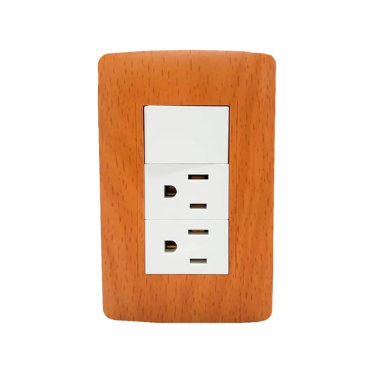 Placa eléctrica de pared madera toscana con 1 apagador y 2 contactos polarizados