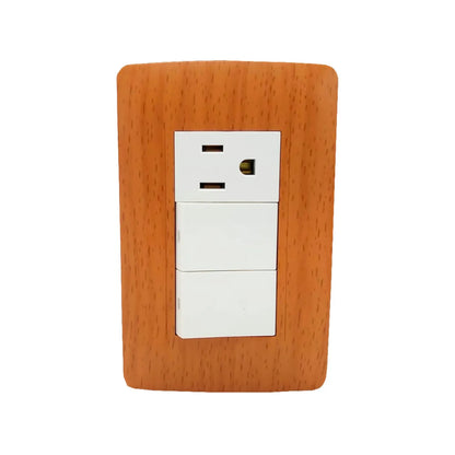 Fabricada de plástico ABS,Placa dos apagador y un contacto.,127 V- 10 A – 60 Hz,Contacto aterrizado, incluye tornillos.,Línea Wooden toscana de lujo.,NOM-003-SCFI-VIGENTE.