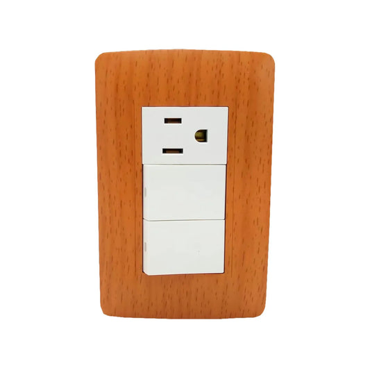 Fabricada de plástico ABS,Placa dos apagador y un contacto.,127 V- 10 A – 60 Hz,Contacto aterrizado, incluye tornillos.,Línea Wooden toscana de lujo.,NOM-003-SCFI-VIGENTE.