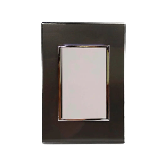 Placa de pared negra brillante para 1 apagador de escalera, botón blanco y marco cromado.