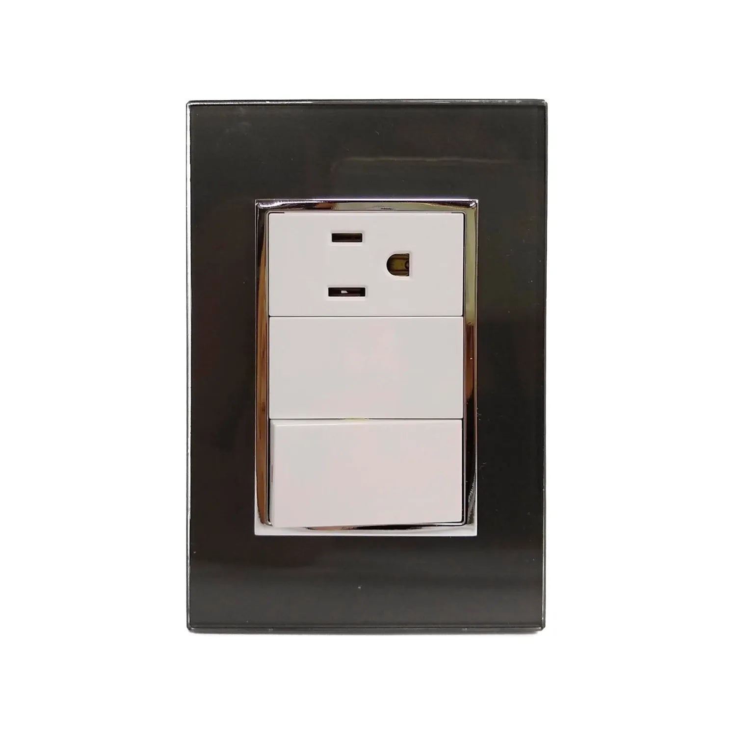 Placa eléctrica negra con 1 contacto aterrizado y 2 apagadores de luz, módulos blancos con bisel cromado para pared.