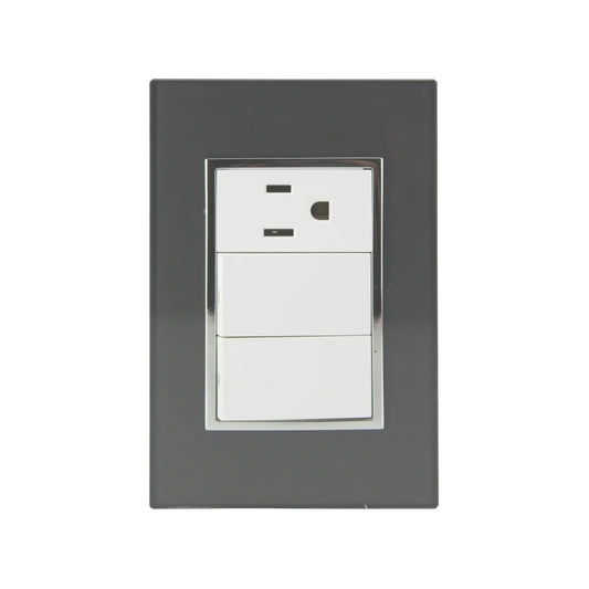 Fabricada de plástico ABS,Placa dos apagadores y un contacto.,127 V - 10 A - 60 Hz,Contactos aterrizados, incluye tornillos.,Fácil instalación.,Línea Venecia Negro.,NOM-003-SCFI-VIGENTE.