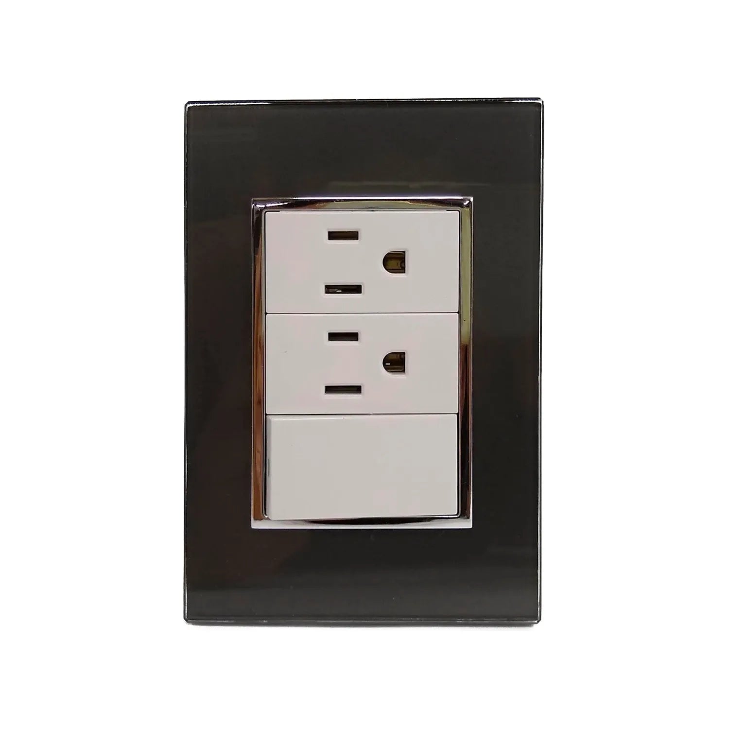 Fabricada de plástico ABS,Placa un apagador escalera y dos contactos.,127 V- 10 A – 60 Hz,Contactos aterrizados, incluye tornillos.,Fácil instalación.,Línea Venecia negra.,NOM-003-SCFI-Vigente