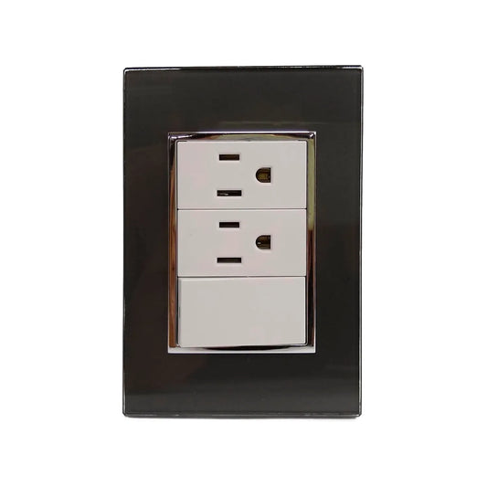 Fabricada de plástico ABS,Placa un apagador escalera y dos contactos.,127 V- 10 A – 60 Hz,Contactos aterrizados, incluye tornillos.,Fácil instalación.,Línea Venecia negra.,NOM-003-SCFI-Vigente