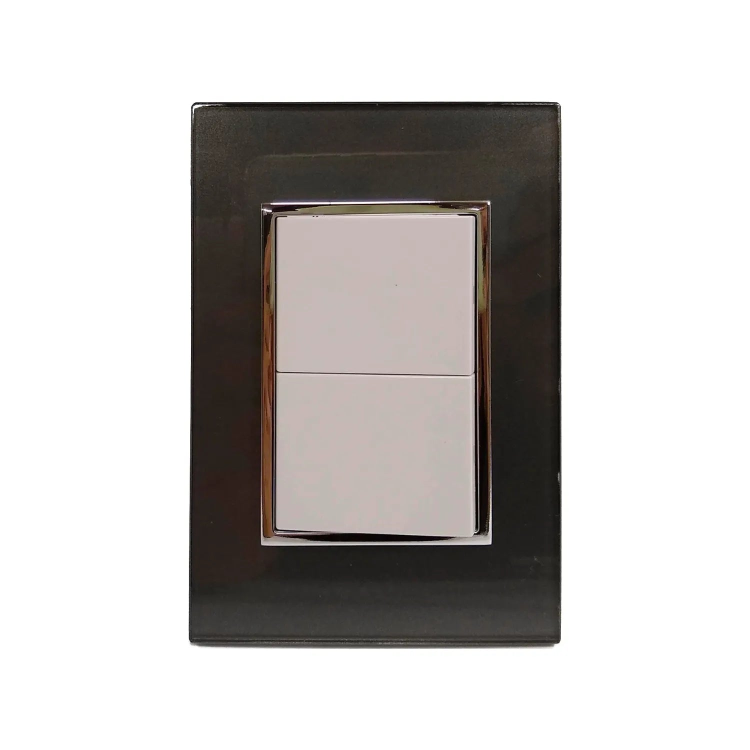 Placa de doble interruptor de luz, acabado negro brillante, botones blancos con borde cromado para el hogar.