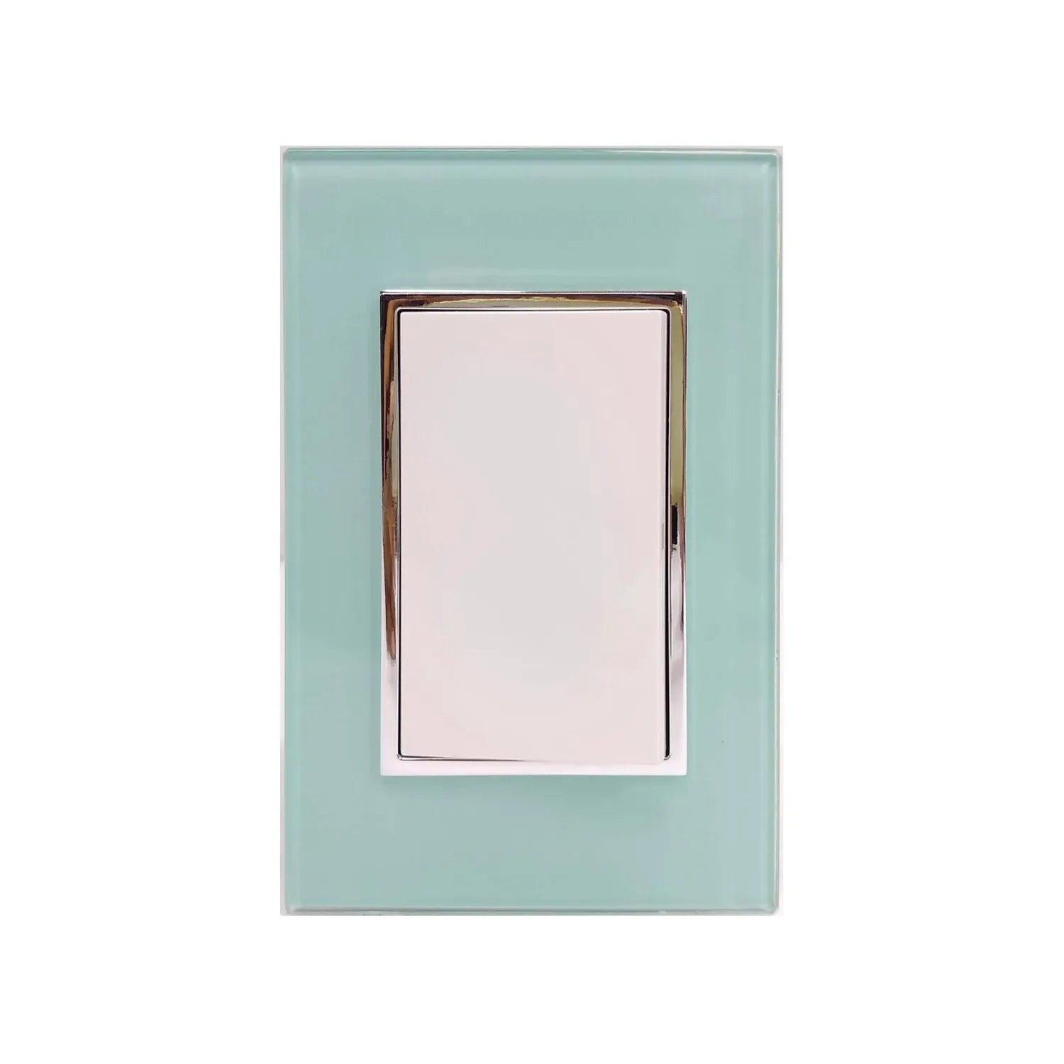 Placa de cristal azul aqua para 1 apagador de luz, con botón blanco y marco cromado, diseño moderno.