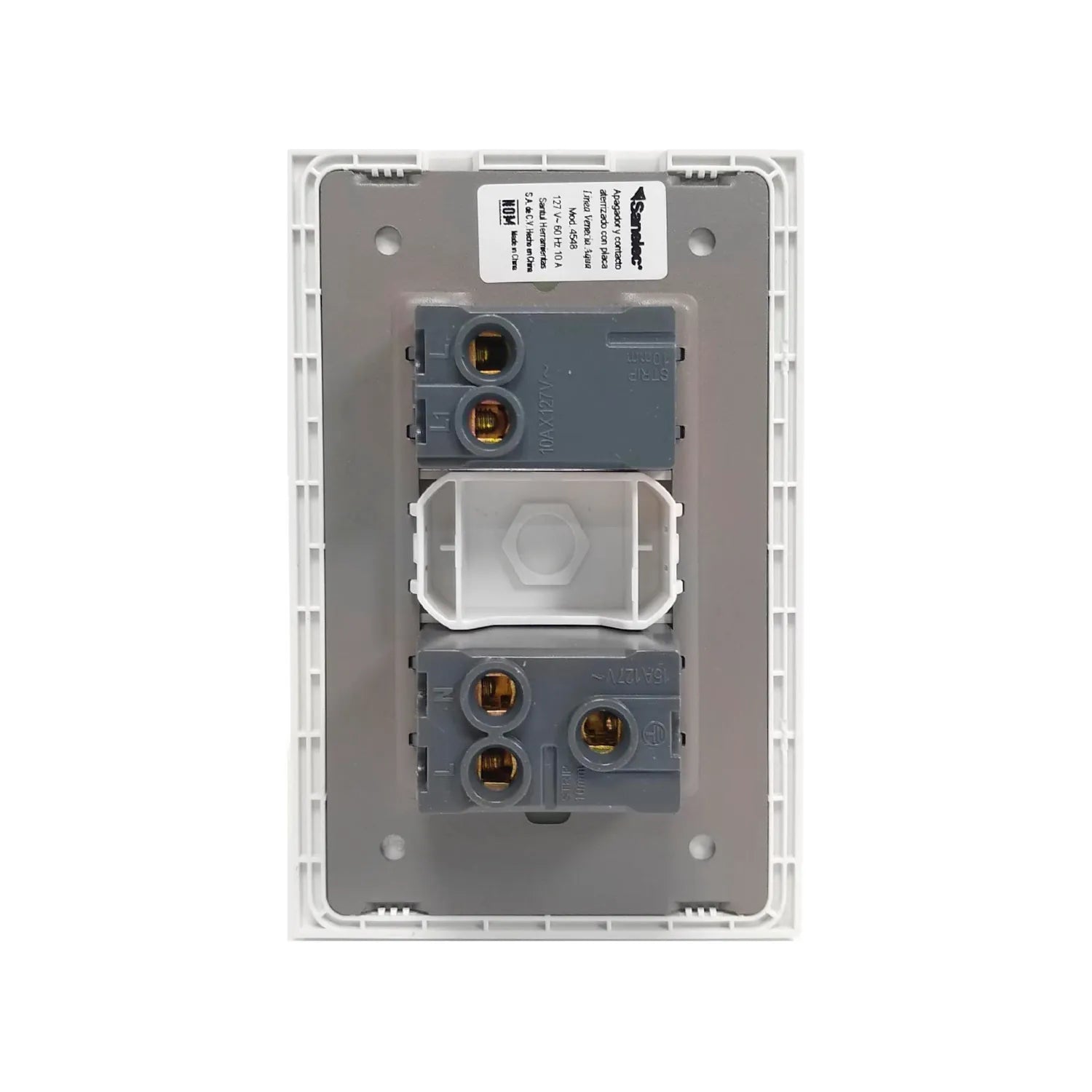 Placa eléctrica Sanelec blanca, vista posterior con 1 apagador 10A y 1 contacto 15A para 127V, conexiones de cableado.