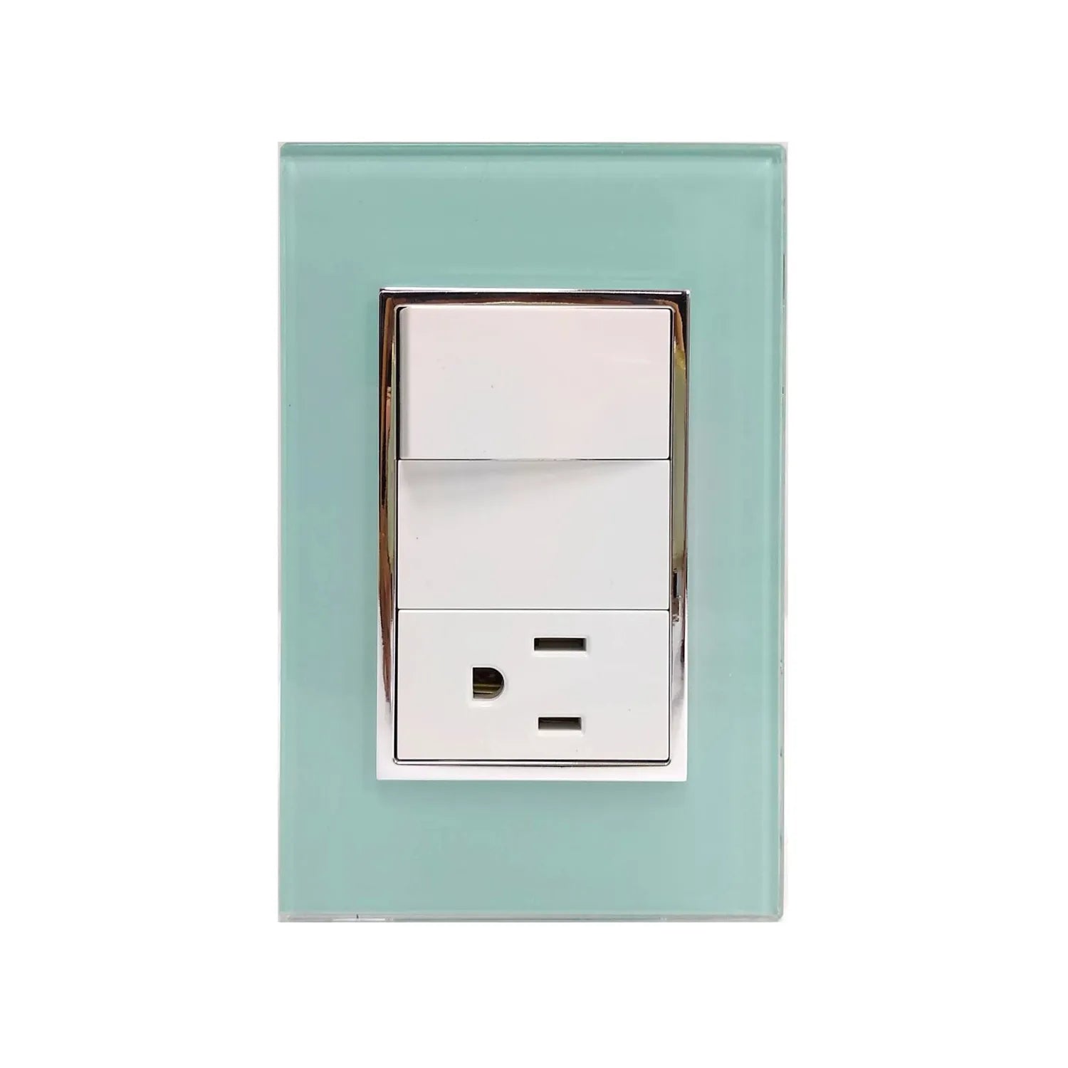 Placa decorativa de vidrio aqua para pared con un interruptor de luz y un tomacorriente doble, marco cromado.
