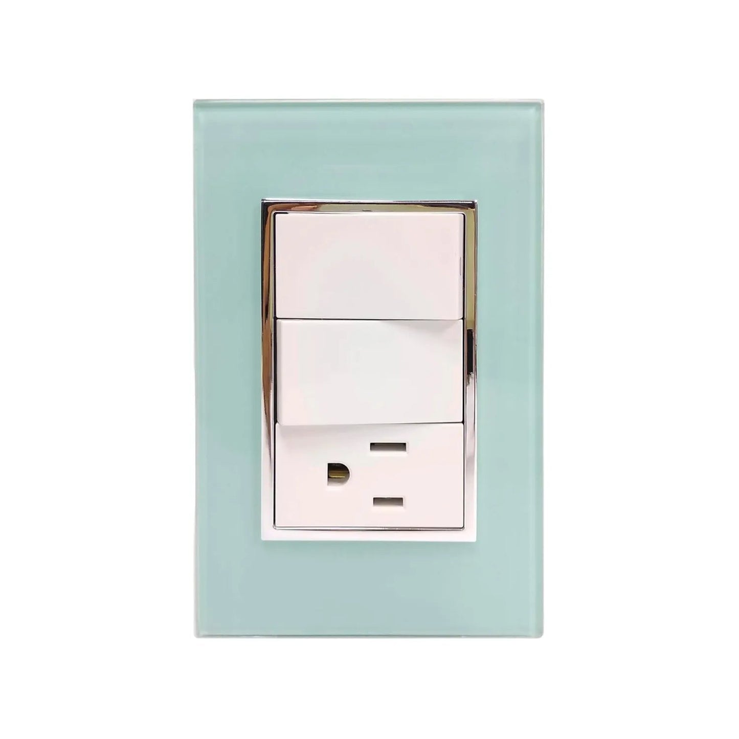 Placa eléctrica moderna de cristal azul claro con dos interruptores y un contacto, acabado elegante.