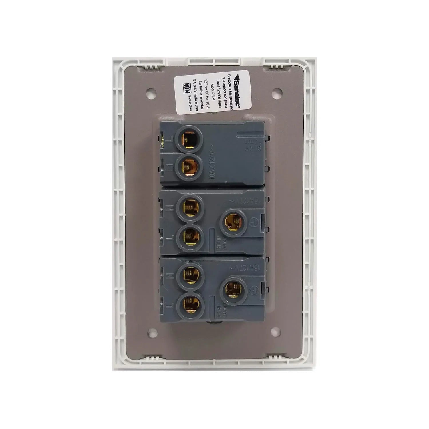 Placa eléctrica Sanelec blanca con 1 apagador y 2 contactos aterrizados, vista trasera de terminales de conexión.