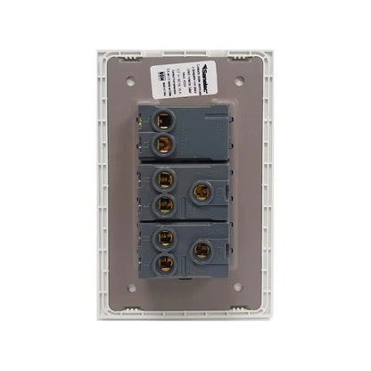 Placa eléctrica Sanelec blanca con 1 apagador y 2 contactos aterrizados, vista trasera de terminales de conexión.