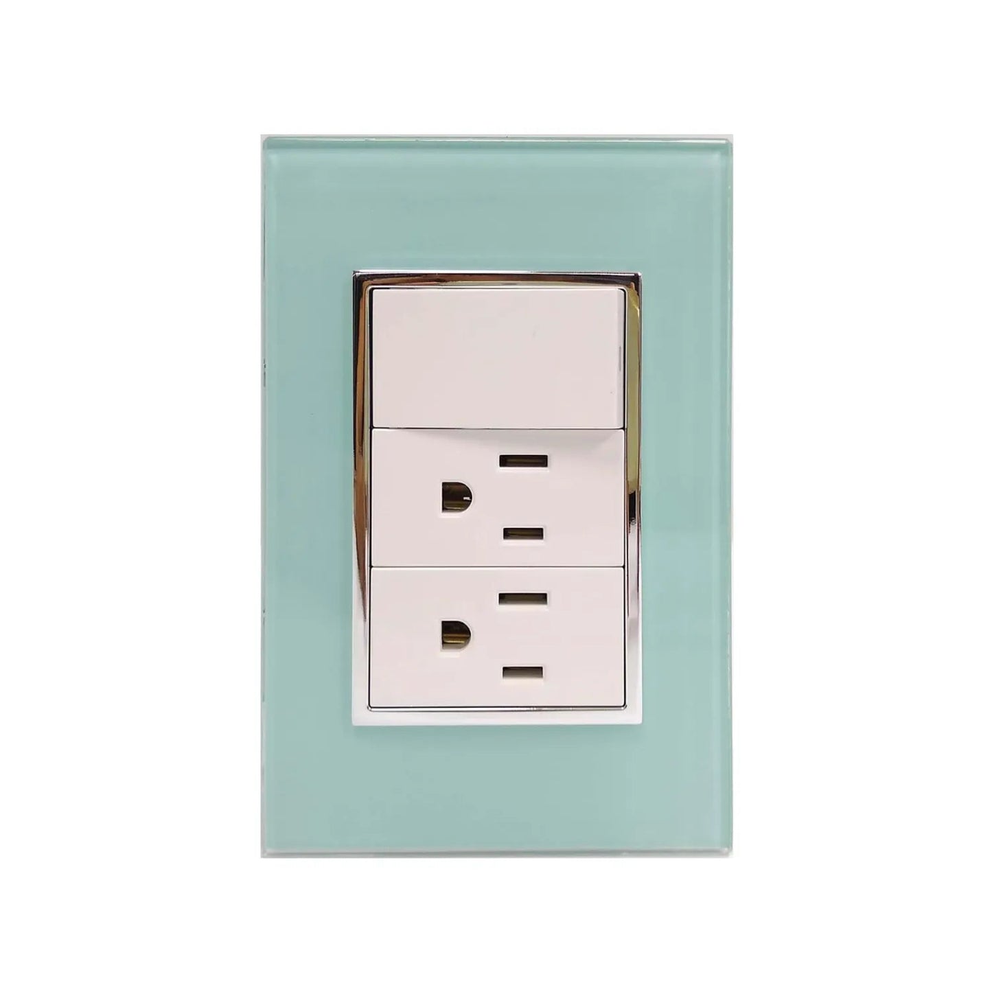 Placa de pared azul aqua de cristal con 1 apagador y 2 contactos eléctricos