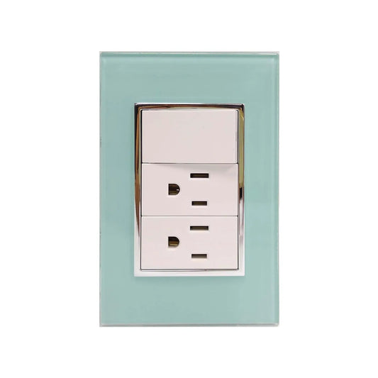 Placa de pared azul aqua de cristal con 1 apagador y 2 contactos eléctricos