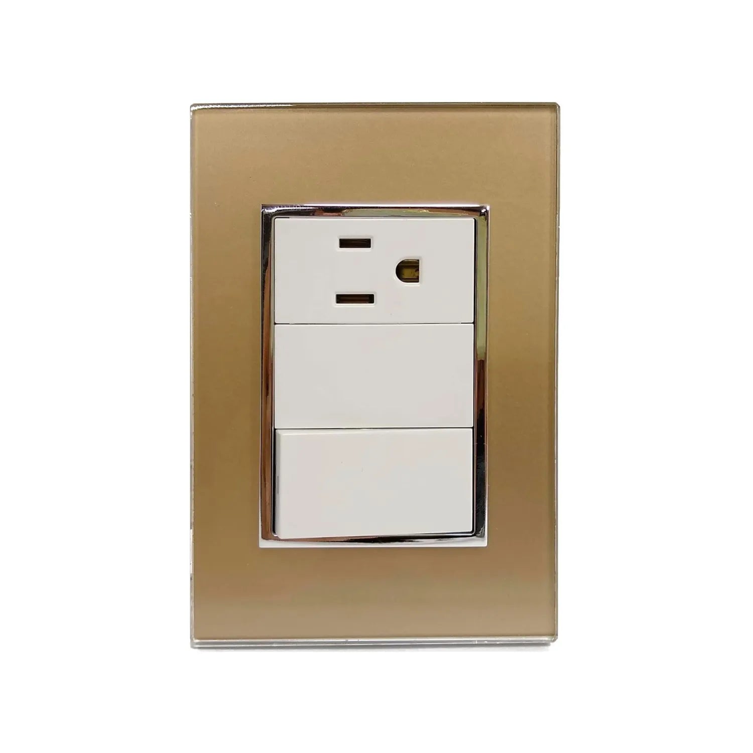 Placa eléctrica de pared color champagne con 1 tomacorriente y 2 interruptores blancos, acabado brillante.