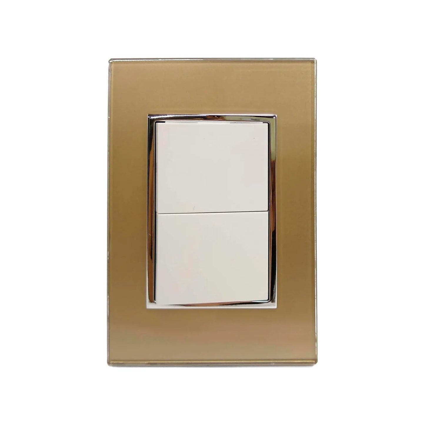 Placa de pared decorativa dorada con doble interruptor de luz blanco y marco cromado