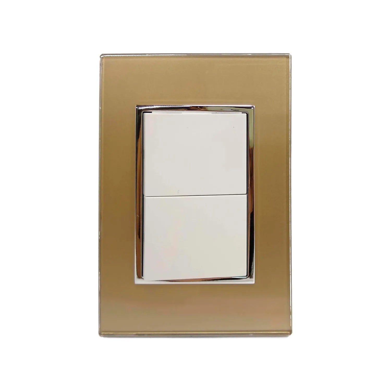 Placa de pared decorativa dorada con doble interruptor de luz blanco y marco cromado