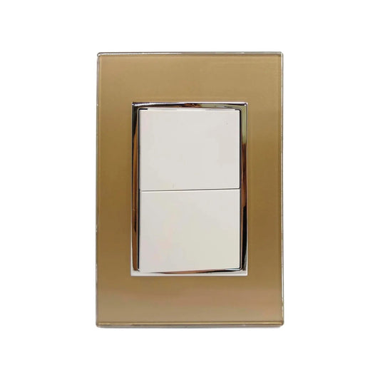 Placa de pared decorativa dorada con doble interruptor de luz blanco y marco cromado