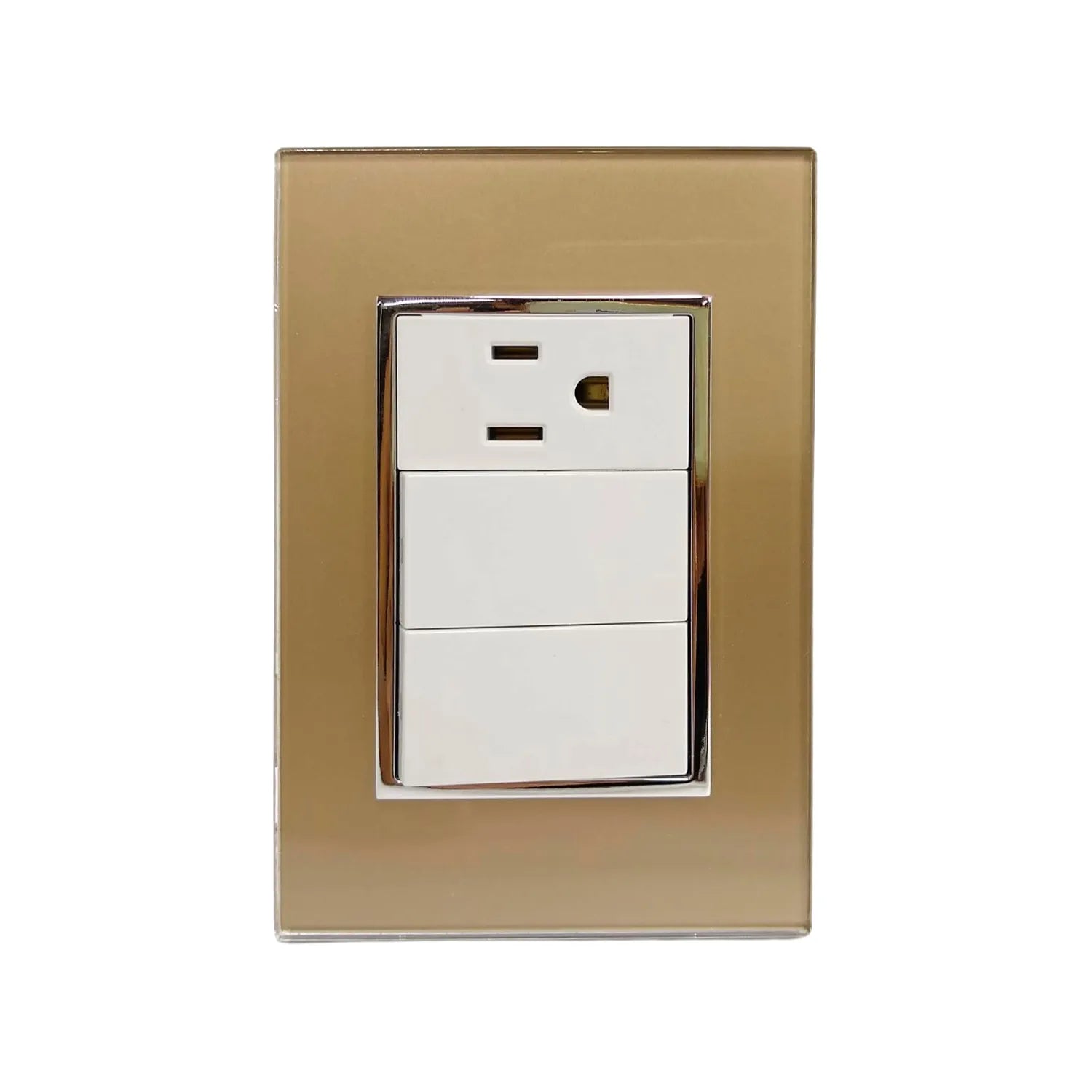 Placa dorada para pared con 2 apagadores de luz y 1 contacto eléctrico, diseño moderno y acabado brillante.