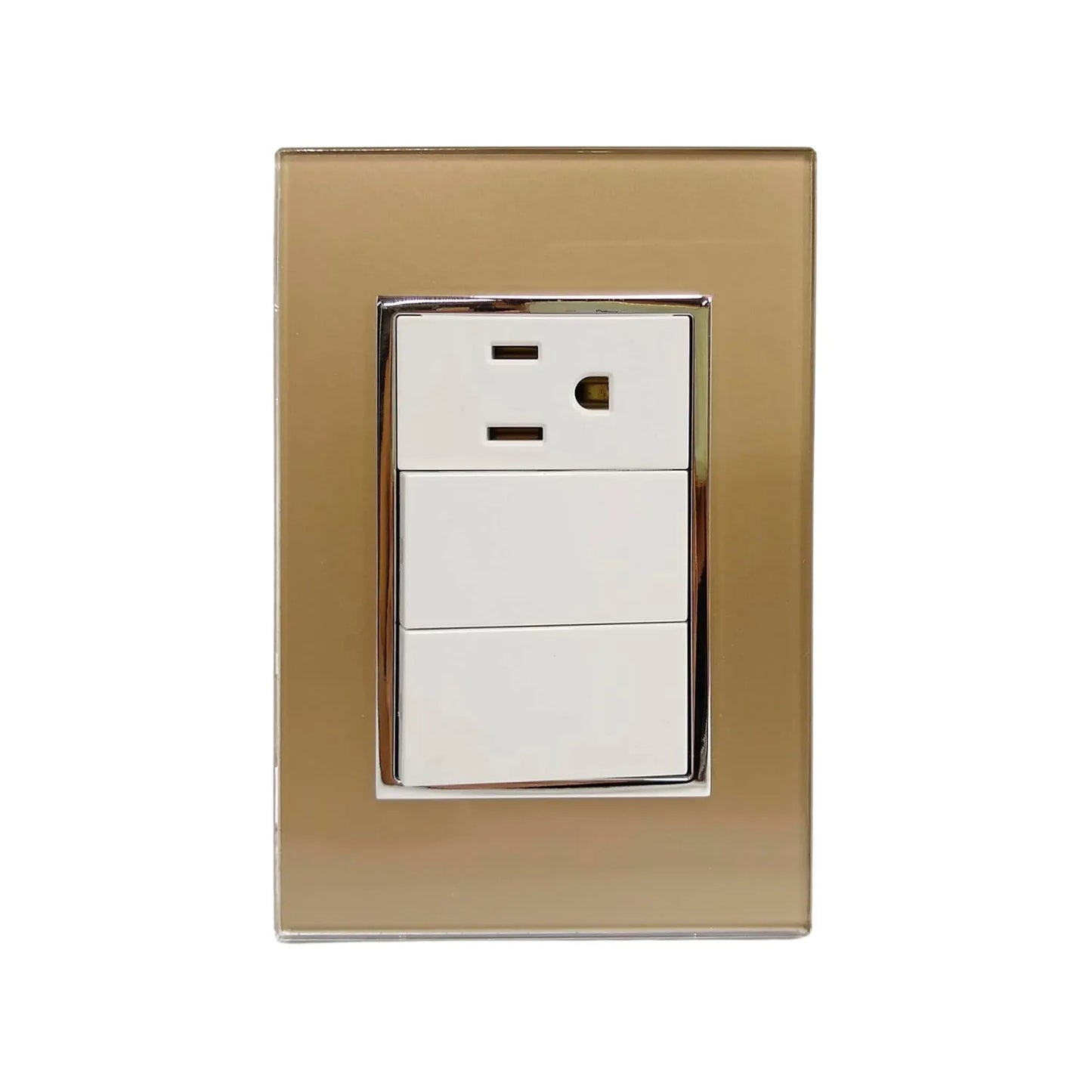 Fabricada de plástico ABS,Placa dos apagadores y un contacto.,127 V- 10 A – 60 Hz,Contacto aterrizado, incluye tornillos.,Línea Venecia Champagne.