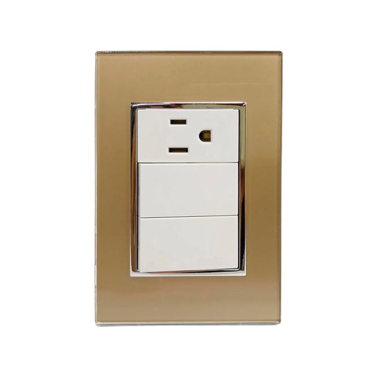 Fabricada de plástico ABS,Placa dos apagadores y un contacto.,127 V- 10 A – 60 Hz,Contacto aterrizado, incluye tornillos.,Línea Venecia Champagne.