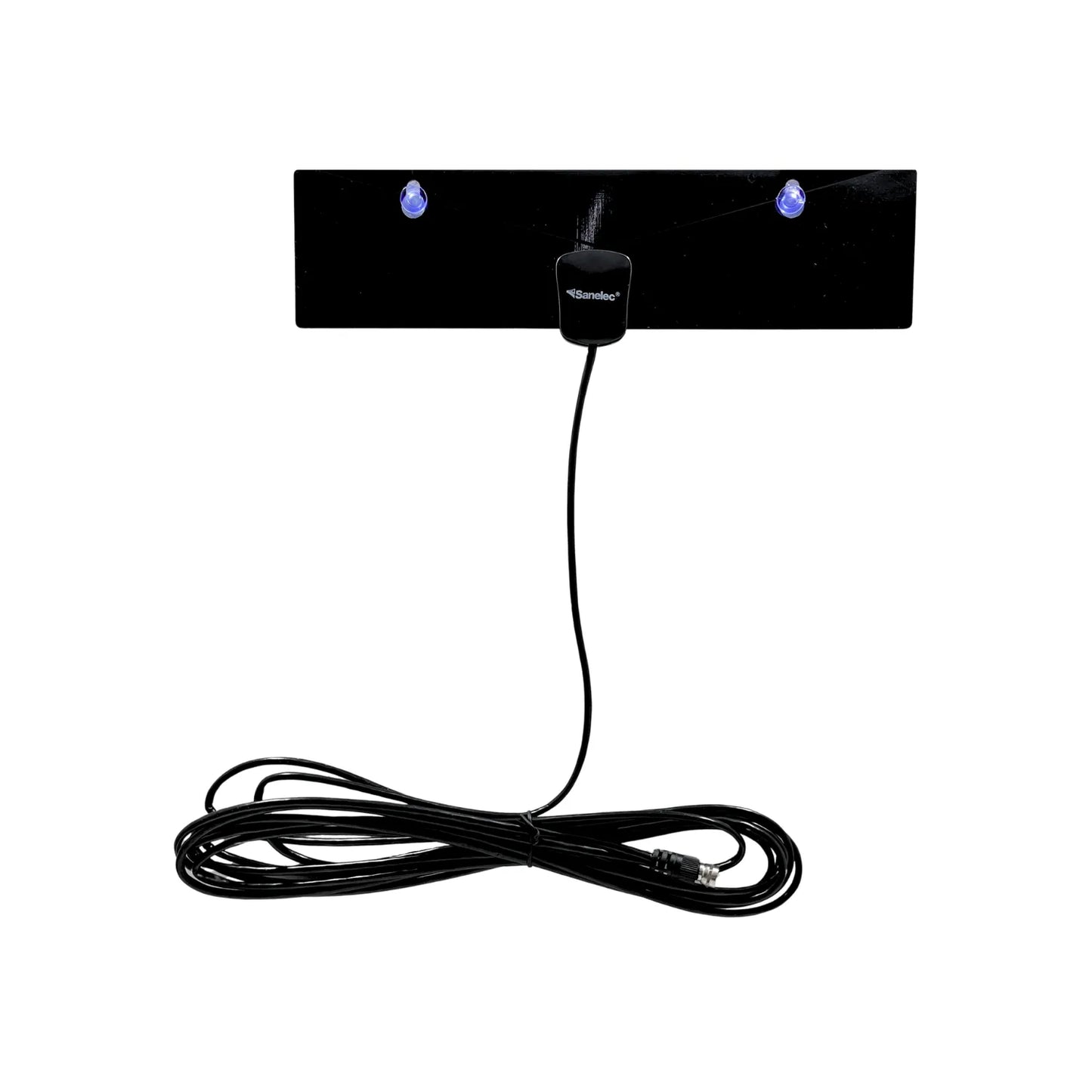 Antena de TV digital Sanelec plana negra para interiores, compacta con cable coaxial y dos soportes de succión