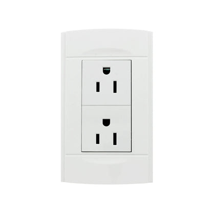 Placa doble de pared blanca con dos contactos eléctricos polarizados, ideal para uso doméstico