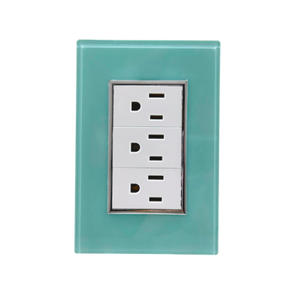 Placa de 3 contactos azul turquesa de cristal para pared, tomas de corriente polarizadas
