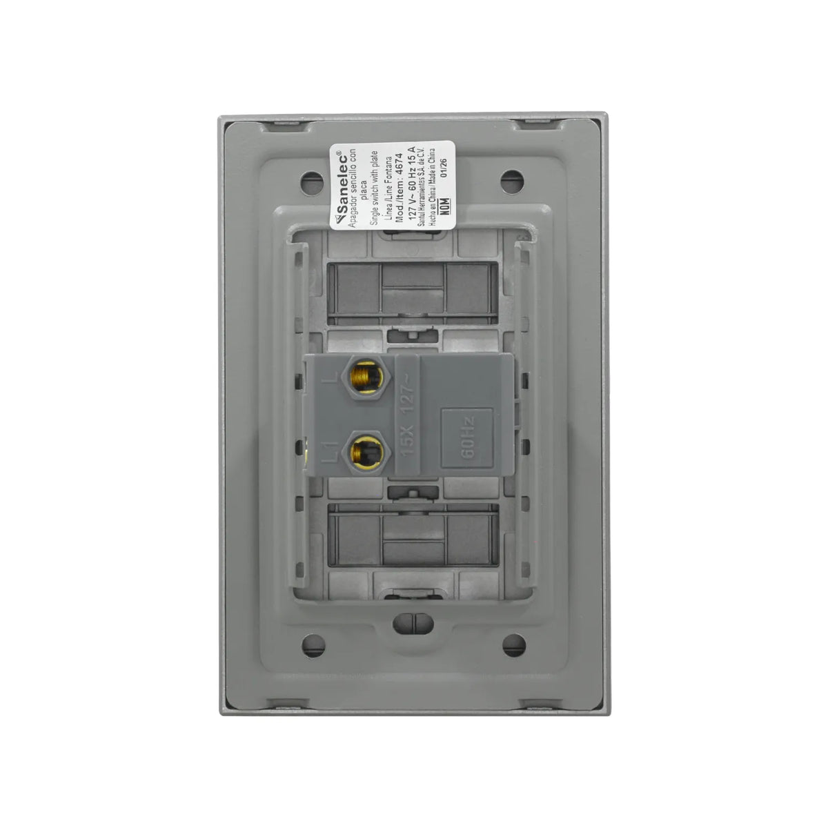 Apagador sencillo Sanelec gris con placa, vista posterior de conexiones eléctricas 127V 15A modelo 4674