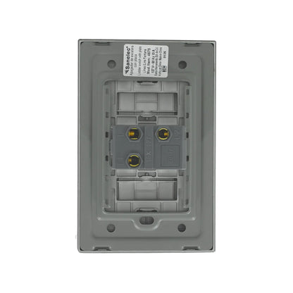 Apagador de escalera Sanelec con placa línea Fontana gris 127V 15A terminales de conexión.