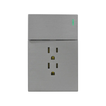 Tomacorriente doble gris metalizado con interruptor y luz LED verde para pared diseño moderno