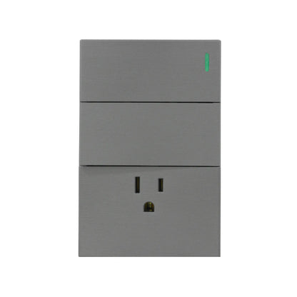 Interruptor doble y toma de corriente gris metalizado con luz piloto LED para instalaciones eléctricas modernas