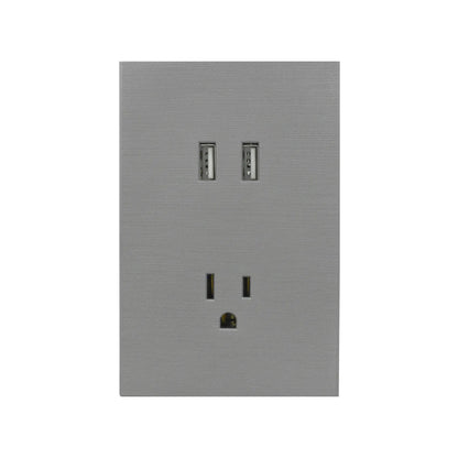 Tomacorriente gris con 2 puertos USB y contacto aterrizado acabado metálico cepillado para pared