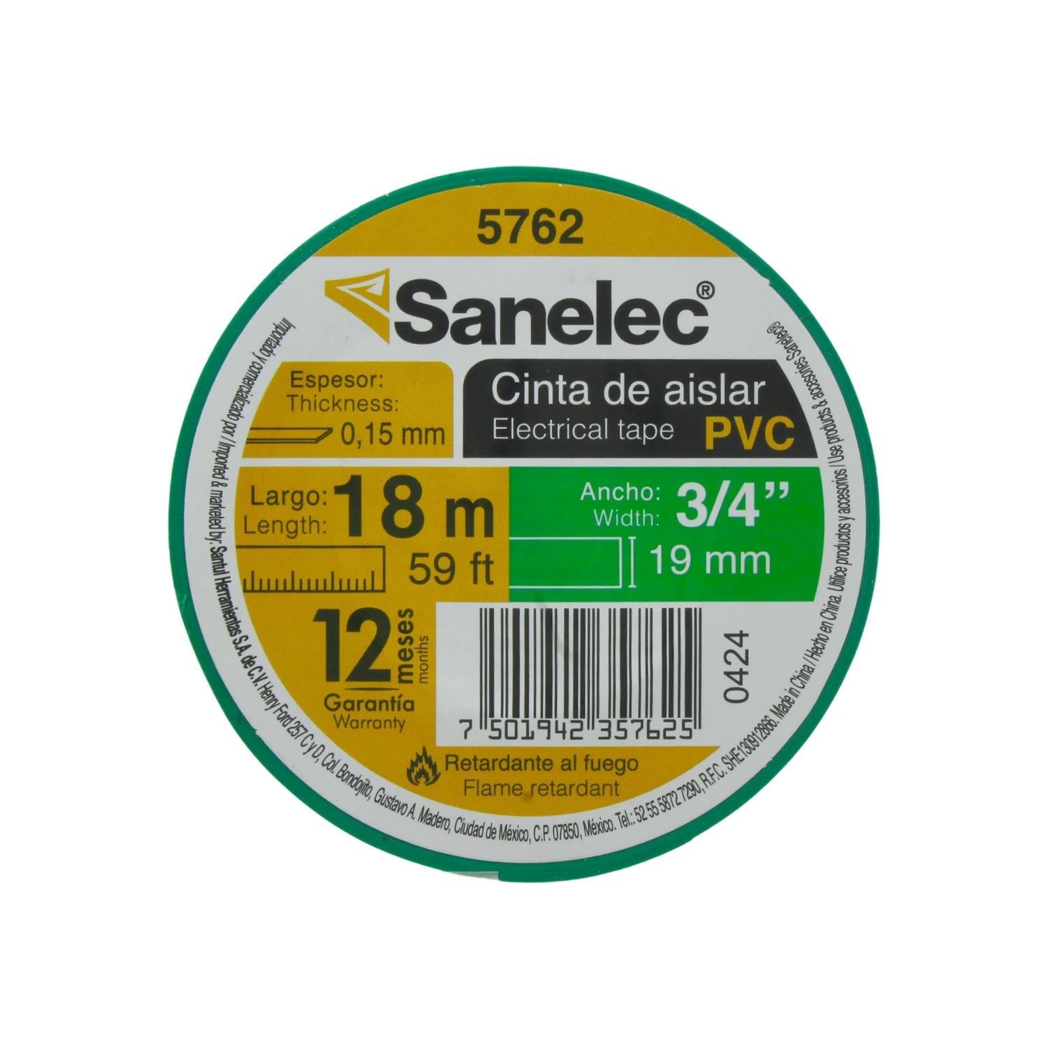 Cinta de aislar verde Sanelec 18m x 19mm PVC retardante al fuego 5762 para instalaciones eléctricas