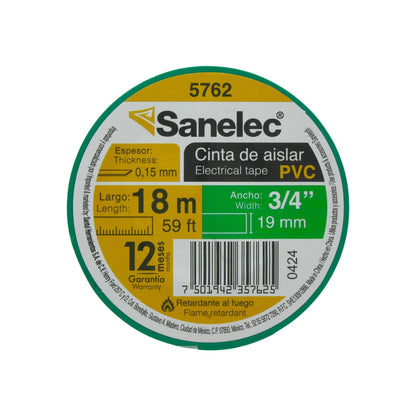 Cinta de aislar verde Sanelec 18m x 19mm PVC retardante al fuego 5762 para instalaciones eléctricas