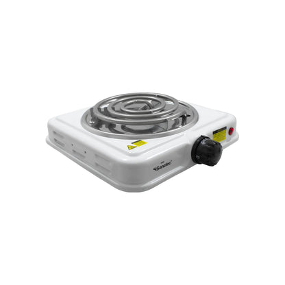 Parrilla eléctrica blanca Sanelec de un quemador con resistencia en espiral y perilla de control ajustable