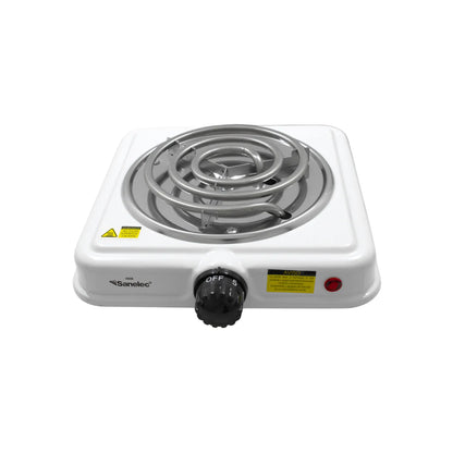 Parrilla eléctrica Sanelec blanca de un quemador con resistencia en espiral y control de temperatura ajustable
