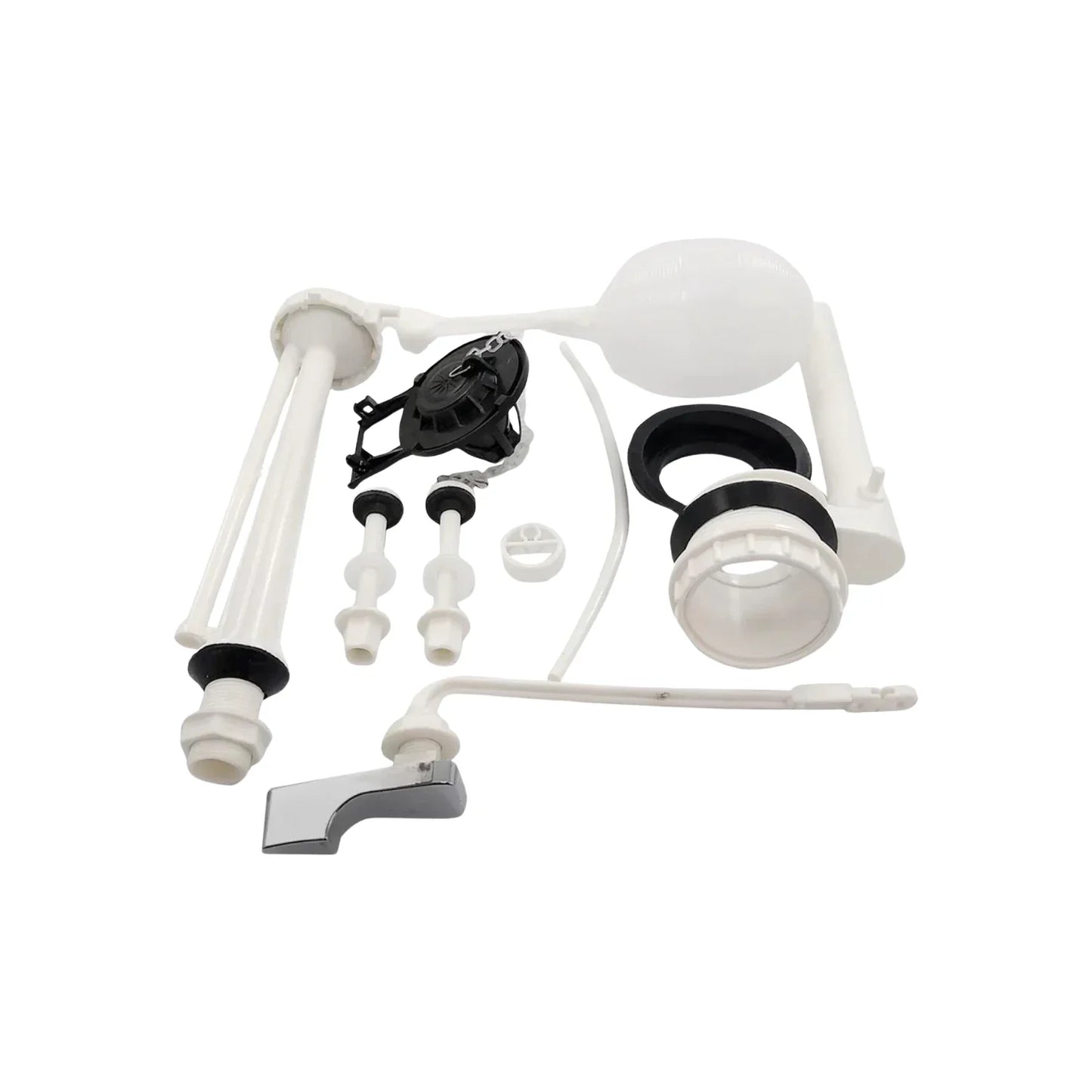 Fabricado en polipropileno.,Juego de 6 accesorios para WC,Válvula de llenado.,Válvula de descarga.,Sapo.,Palanca.,Juego de 2 tornillos y empaques.