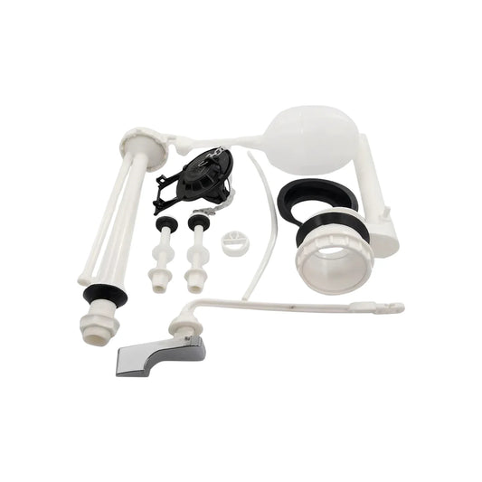 Fabricado en polipropileno.,Juego de 6 accesorios para WC,Válvula de llenado.,Válvula de descarga.,Sapo.,Palanca.,Juego de 2 tornillos y empaques.