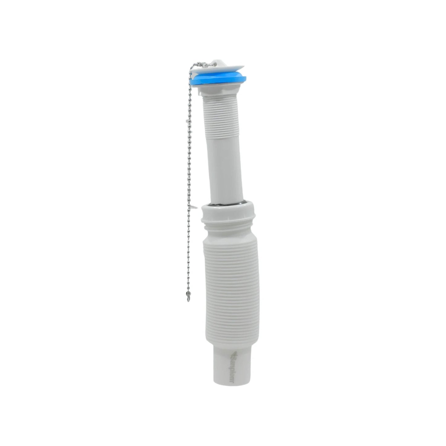 Cespol flexible Sanplom blanco para lavabo con tapón azul y cadena, tubo de desagüe de plástico.