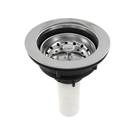 Coladera desmontable con tapA,Tubo de plástico.,Coladera y arillo superior de acero inoxidable.,Contra canasta de acero inoxidable.