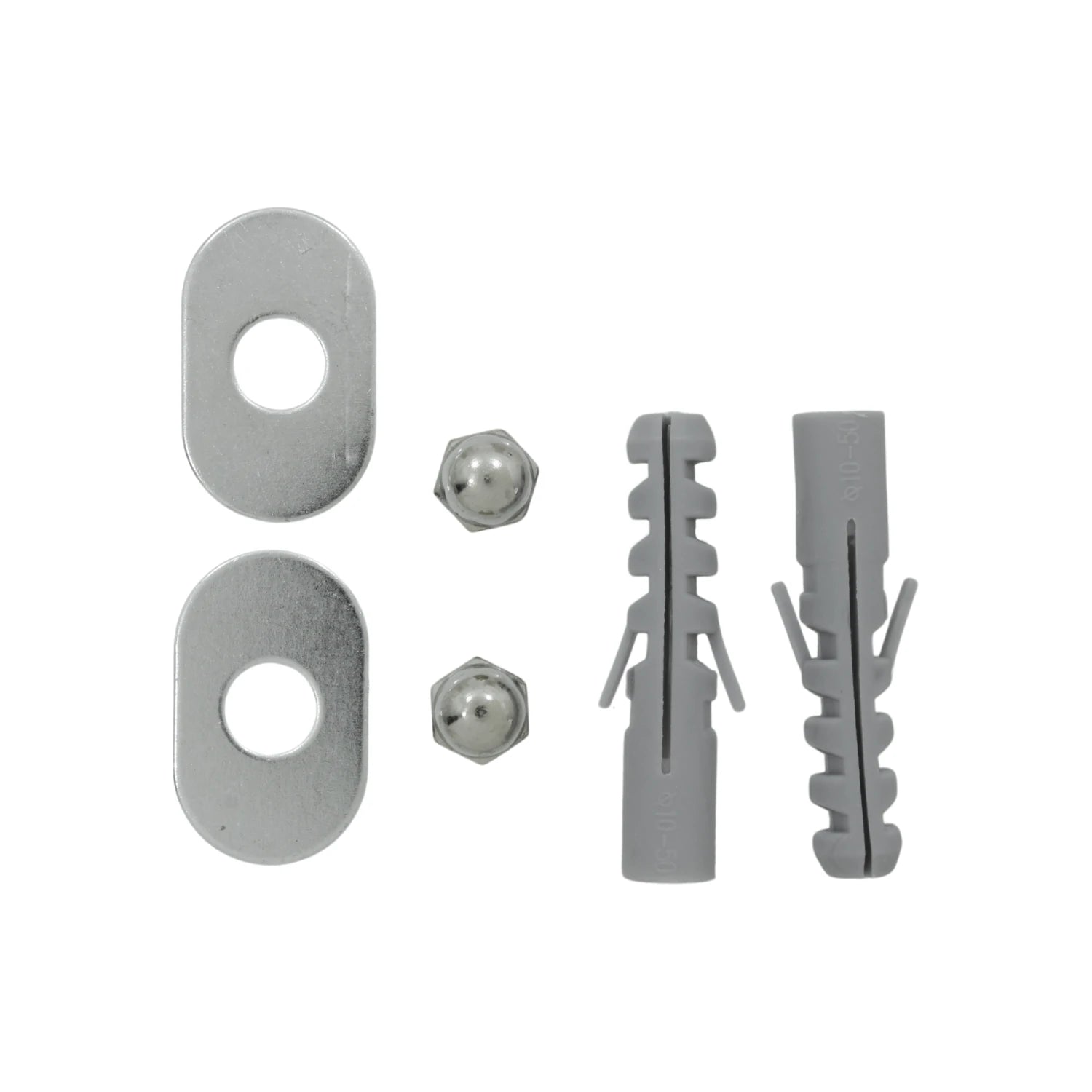 Kit de fijación con 2 tacos de pared ø10-50 grises, 2 tuercas ciegas y 2 arandelas ovaladas de metal