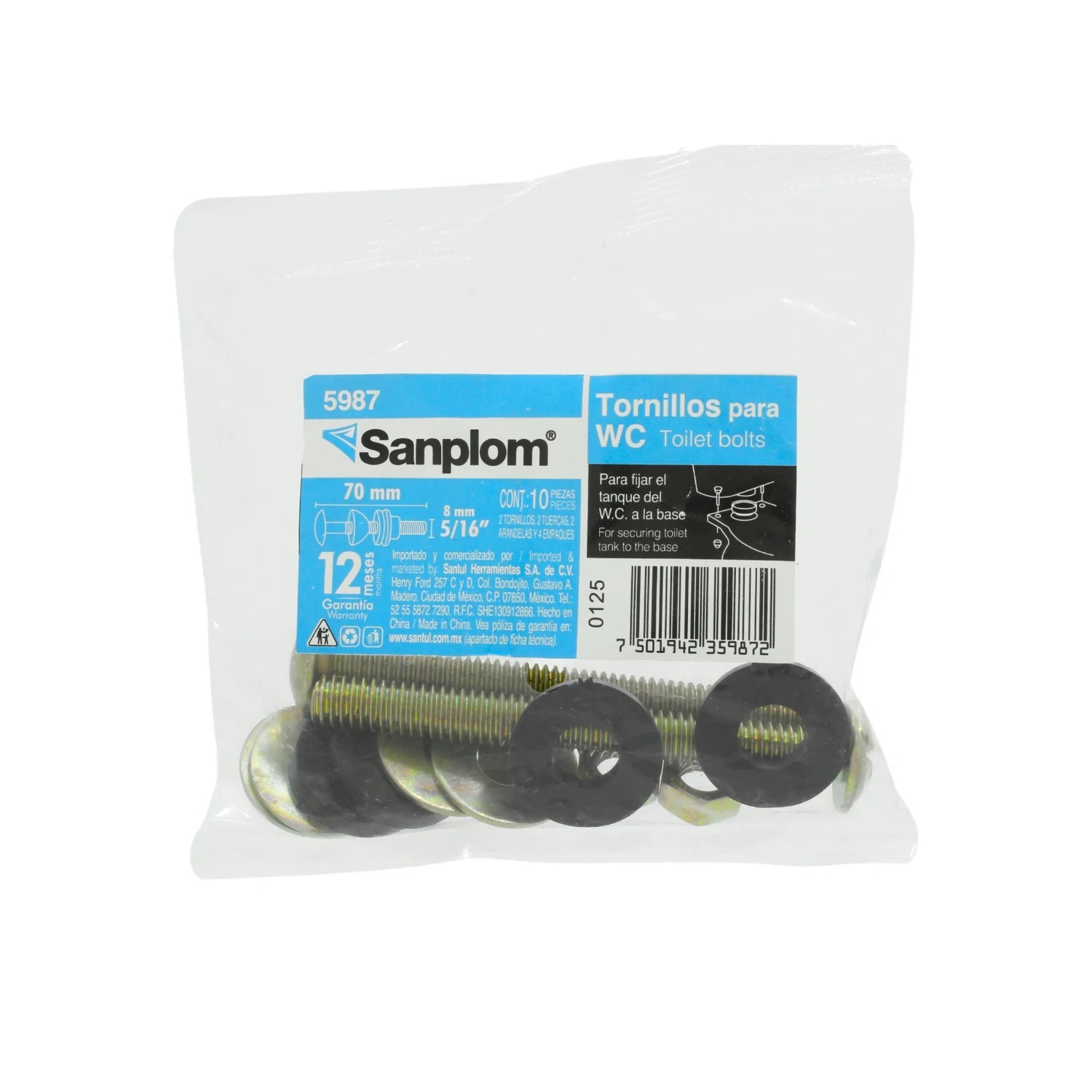 Sanplom 5987 tornillos WC para tanque de inodoro, kit de 10 piezas 70mm x 8mm, pernos galvanizados dorados