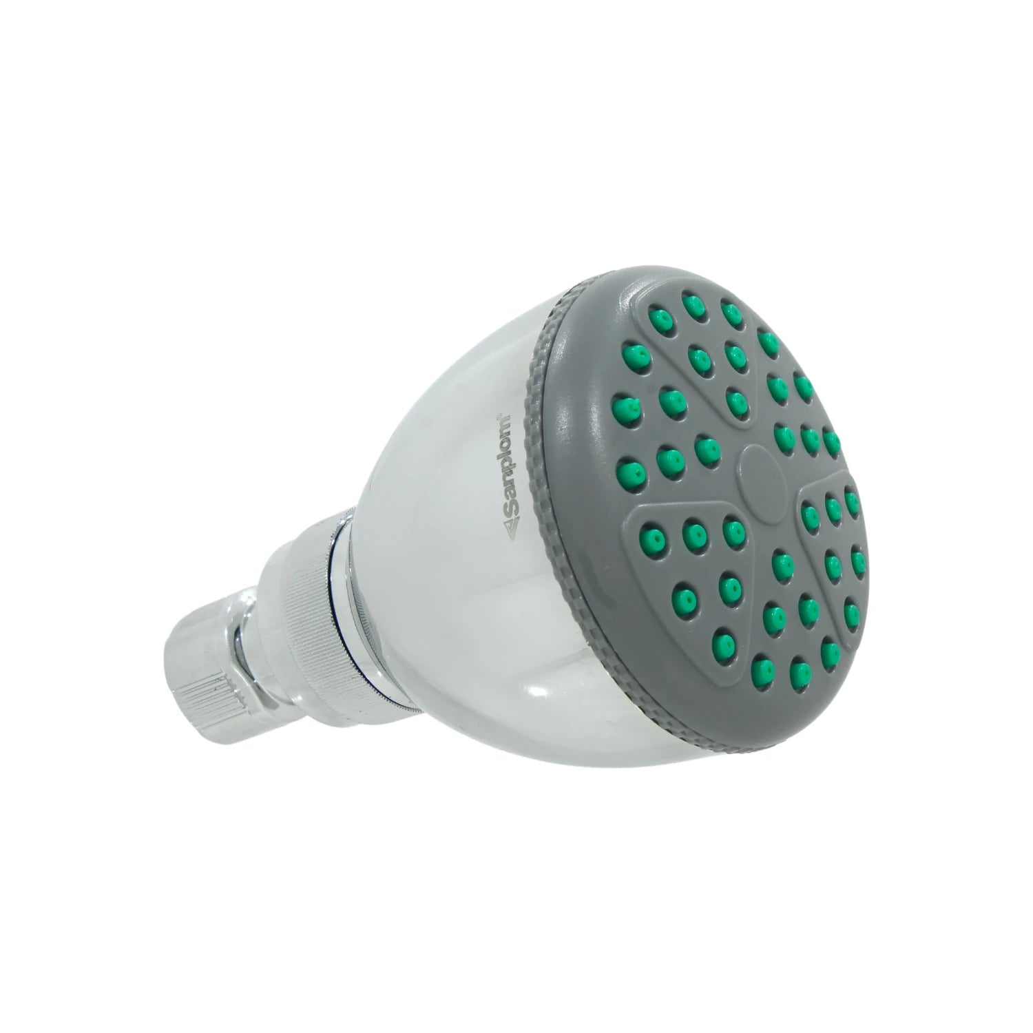 Regadera redonda Sanplom 3.5 pulgadas ABS cromada con boquillas verdes para ducha.