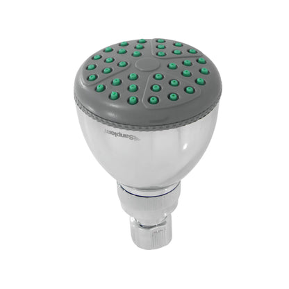 Regadera de ducha fija Sanplom cromada con boquillas verdes de silicona anticalcáreas y rótula ajustable