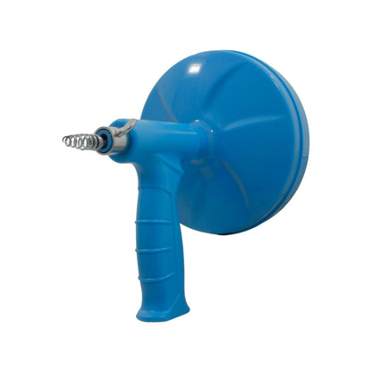 Destapacaños manual azul con resorte para desagües y tuberías, herramienta de plomería.