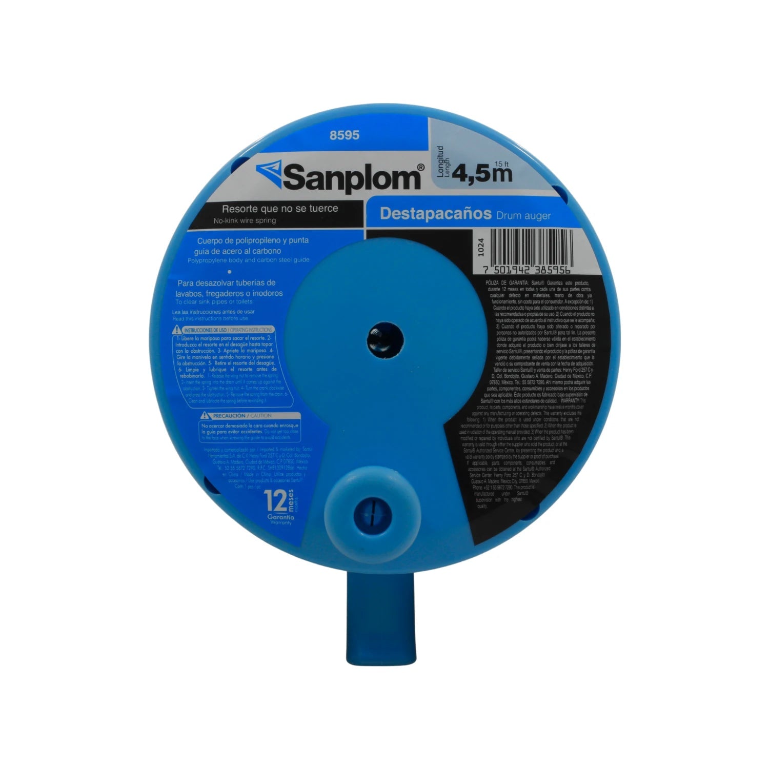 Destapacaños Sanplom 8595 azul con resorte 4.5m anti-nudos, ideal para lavabos, fregaderos e inodoros.
