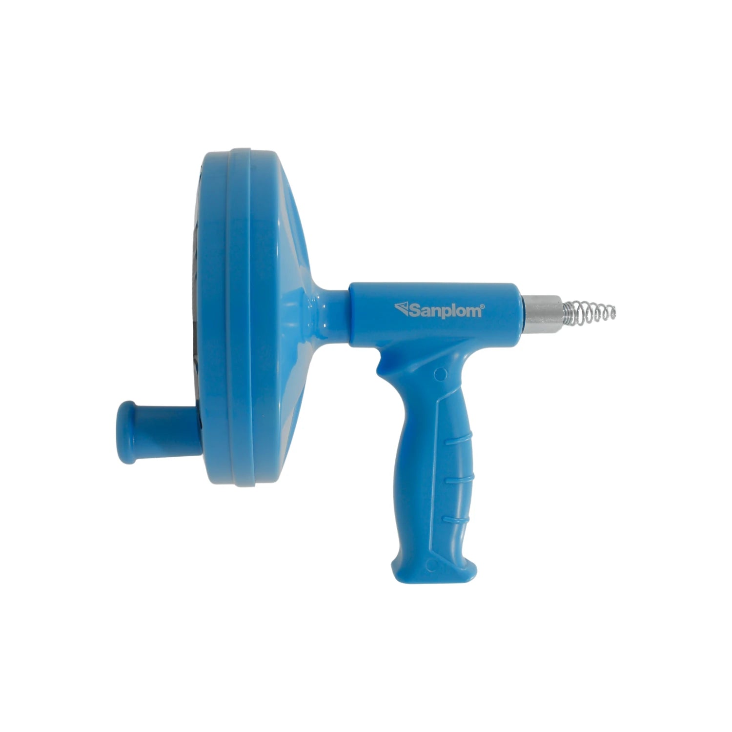 Destapacaños de resorte manual azul Sanplom para limpieza de tuberías y desagües, mango ergonómico.