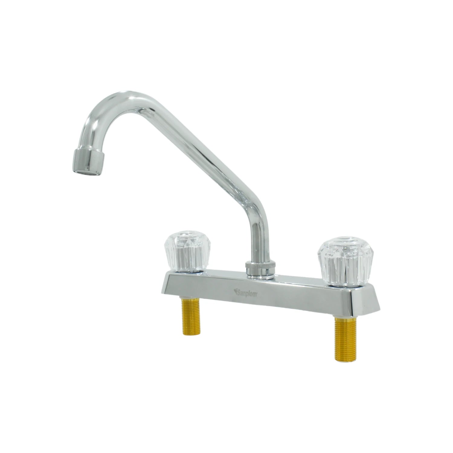 Mezcladora para fregadero Sanplom cromada con cuello de ganso y manerales acrílicos transparentes